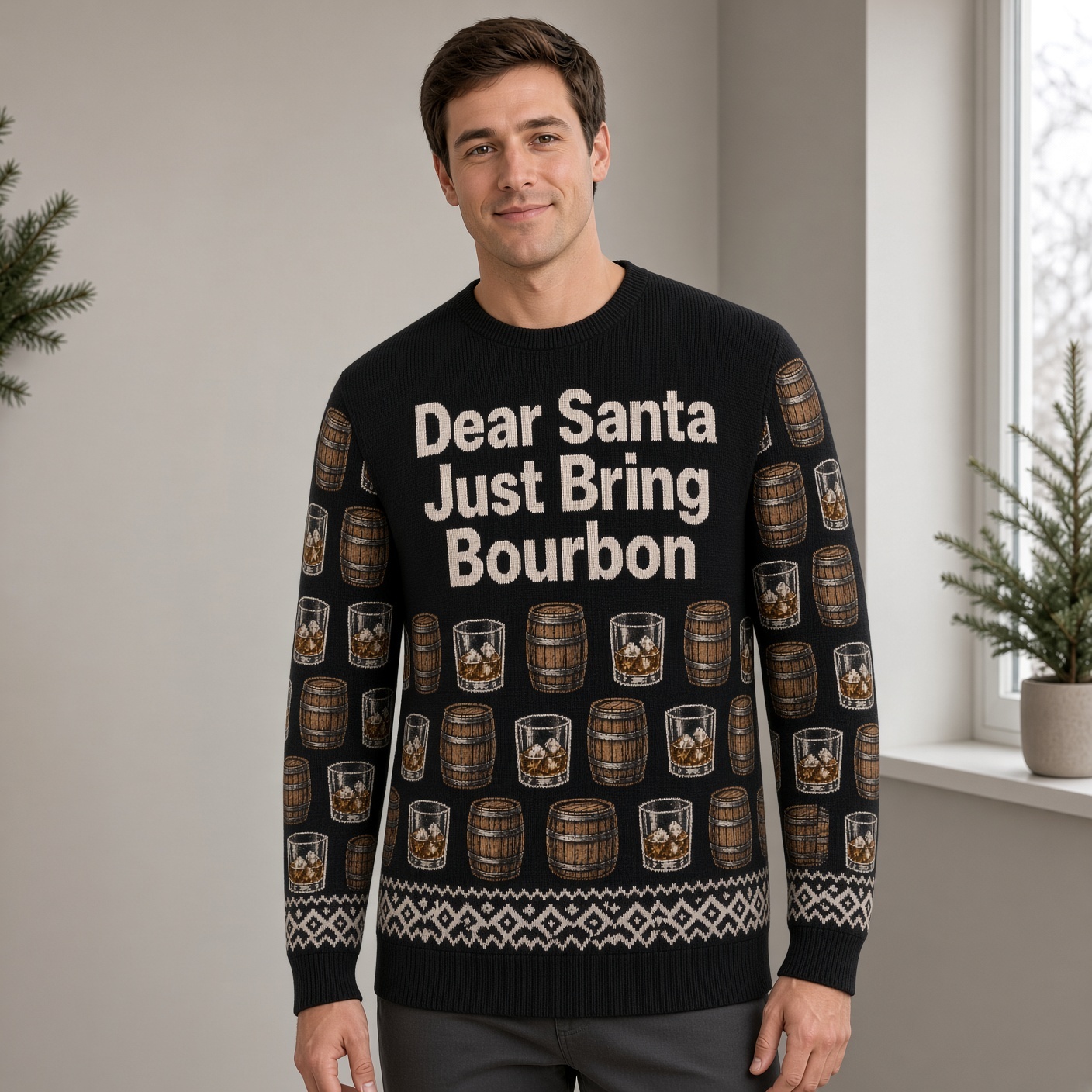 [popular-sweater:PX-01-02:male] Dear Santa Just Bring Bourbon Ugly Christmas Sweatshirt - Male view