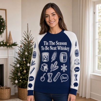 [popular-sweater:PX-01-03:female] Tis The Season To Be Neat Whiskey Ugly Christmas Sweatshirt - Female view