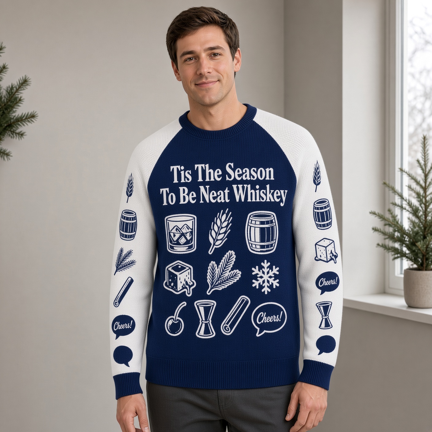 [popular-sweater:PX-01-03:male] Tis The Season To Be Neat Whiskey Ugly Christmas Sweatshirt - Male view