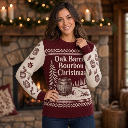 [popular-sweater:PX-01-04:female] Oak Barrel Bourbon Christmas Ugly Christmas Sweatshirt - Female view