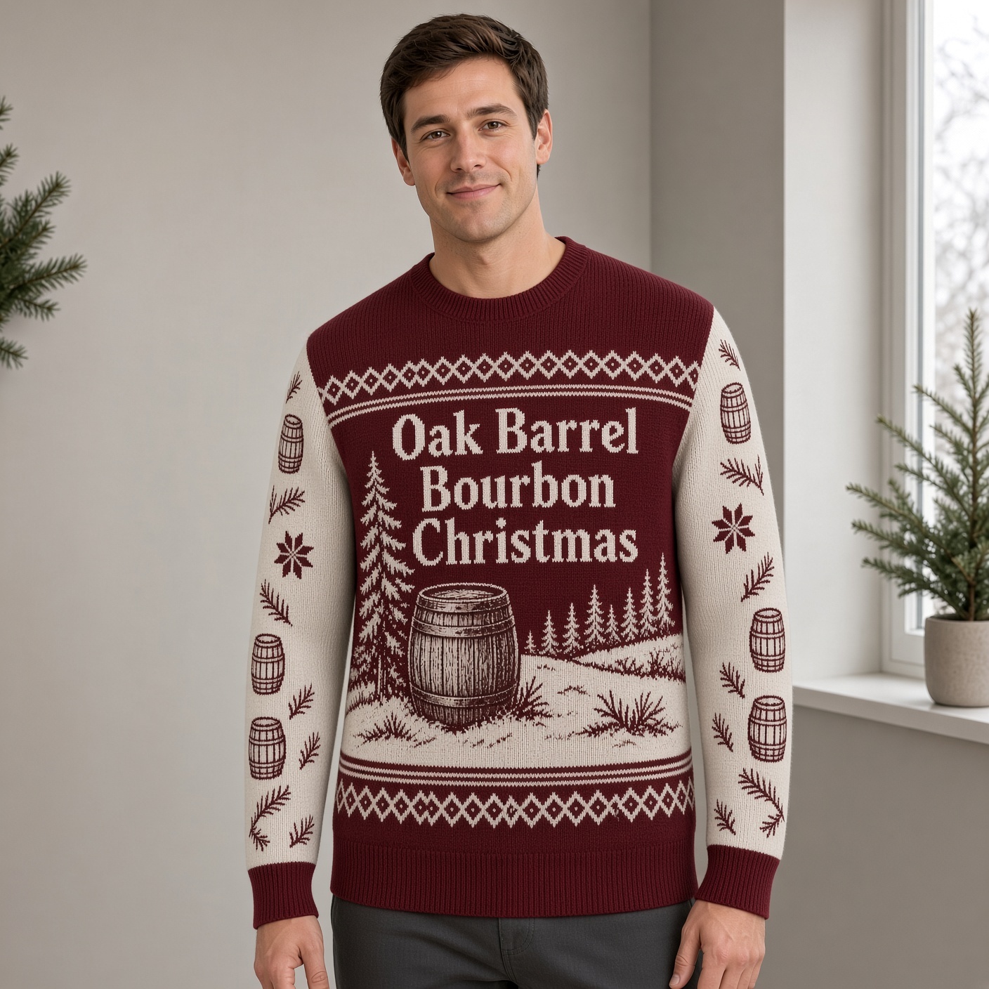 [popular-sweater:PX-01-04:male] Oak Barrel Bourbon Christmas Ugly Christmas Sweatshirt - Male view