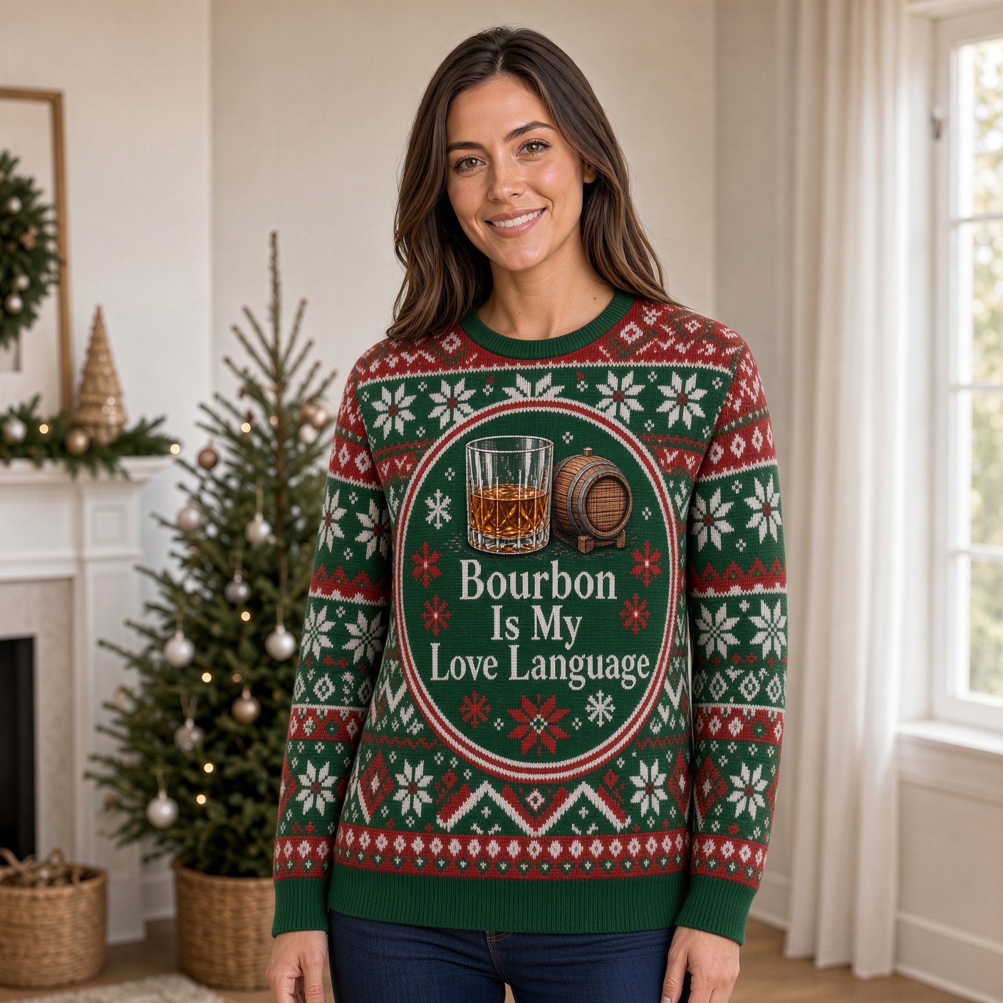 [popular-sweater:PX-01-05:female] Bourbon Is My Love Language Ugly Christmas Sweatshirt - Female view