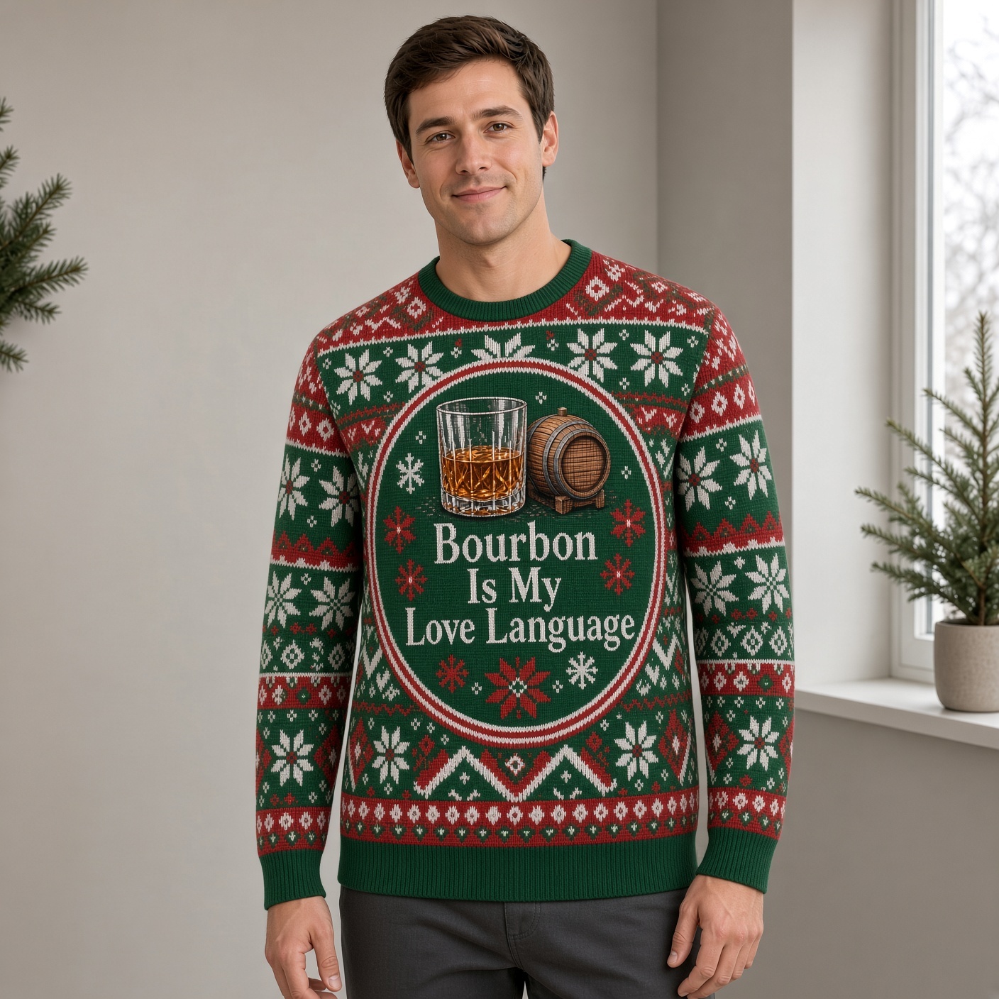 [popular-sweater:PX-01-05:male] Bourbon Is My Love Language Ugly Christmas Sweatshirt - Male view