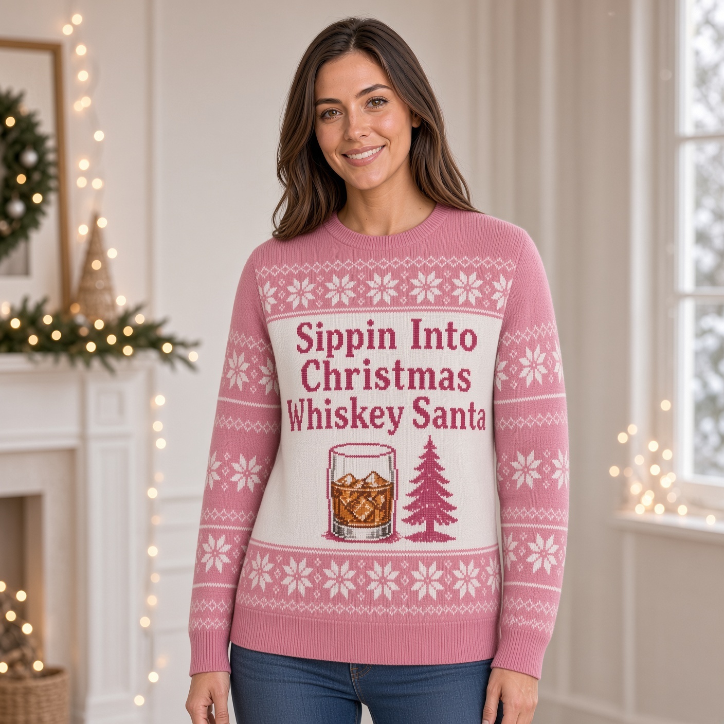 [popular-sweater:PX-01-06:female] Sippin Into Christmas Whiskey Santa Ugly Christmas Sweatshirt - Female view