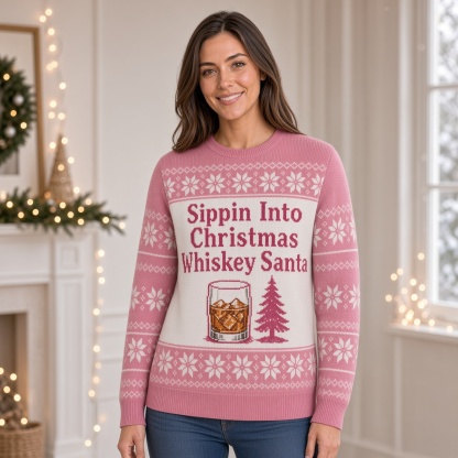 [popular-sweater:PX-01-06:female] Sippin Into Christmas Whiskey Santa Ugly Christmas Sweatshirt - Female view