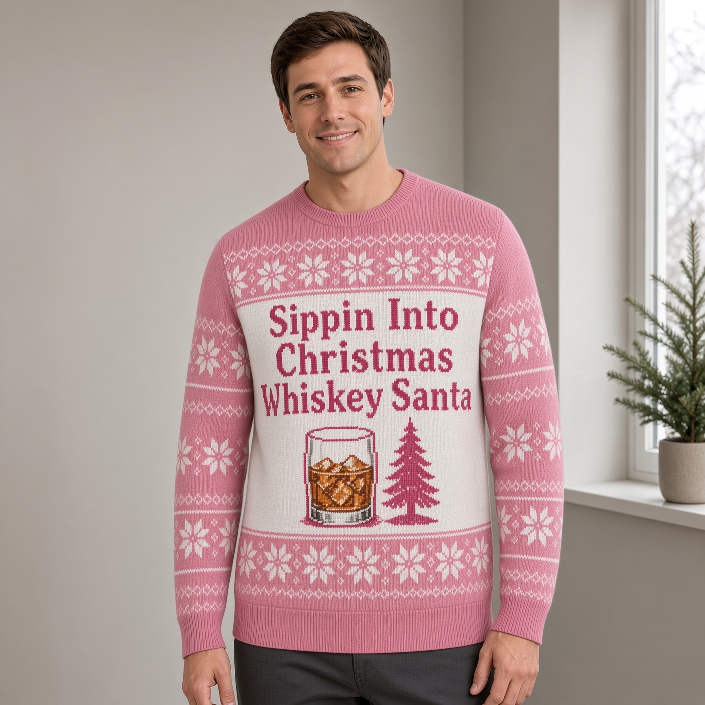 [popular-sweater:PX-01-06:male] Sippin Into Christmas Whiskey Santa Ugly Christmas Sweatshirt - Male view
