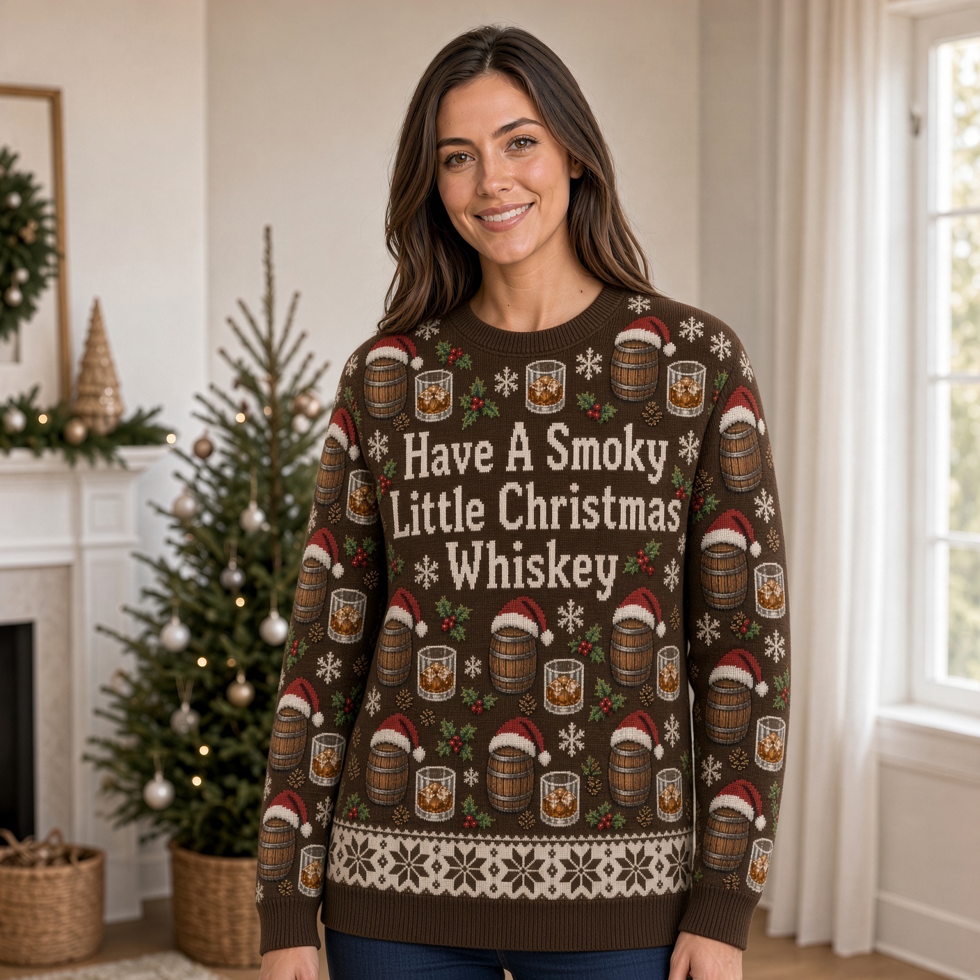 [popular-sweater:PX-01-07:female] Have A Smoky Little Christmas Whiskey Ugly Christmas Sweatshirt - Female view