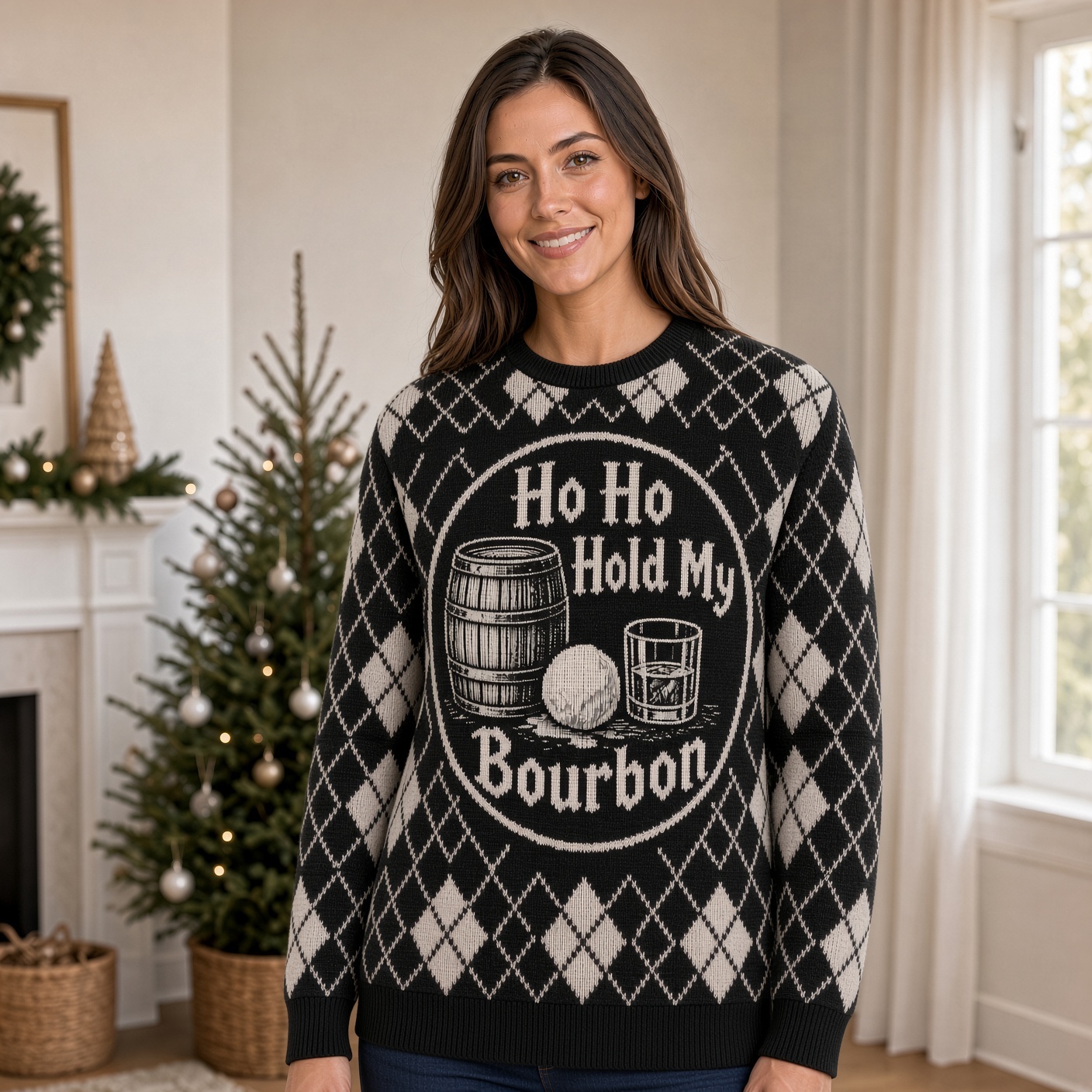 [popular-sweater:PX-01-10:female] Ho Ho Hold My Bourbon Ugly Christmas Sweatshirt - Female view