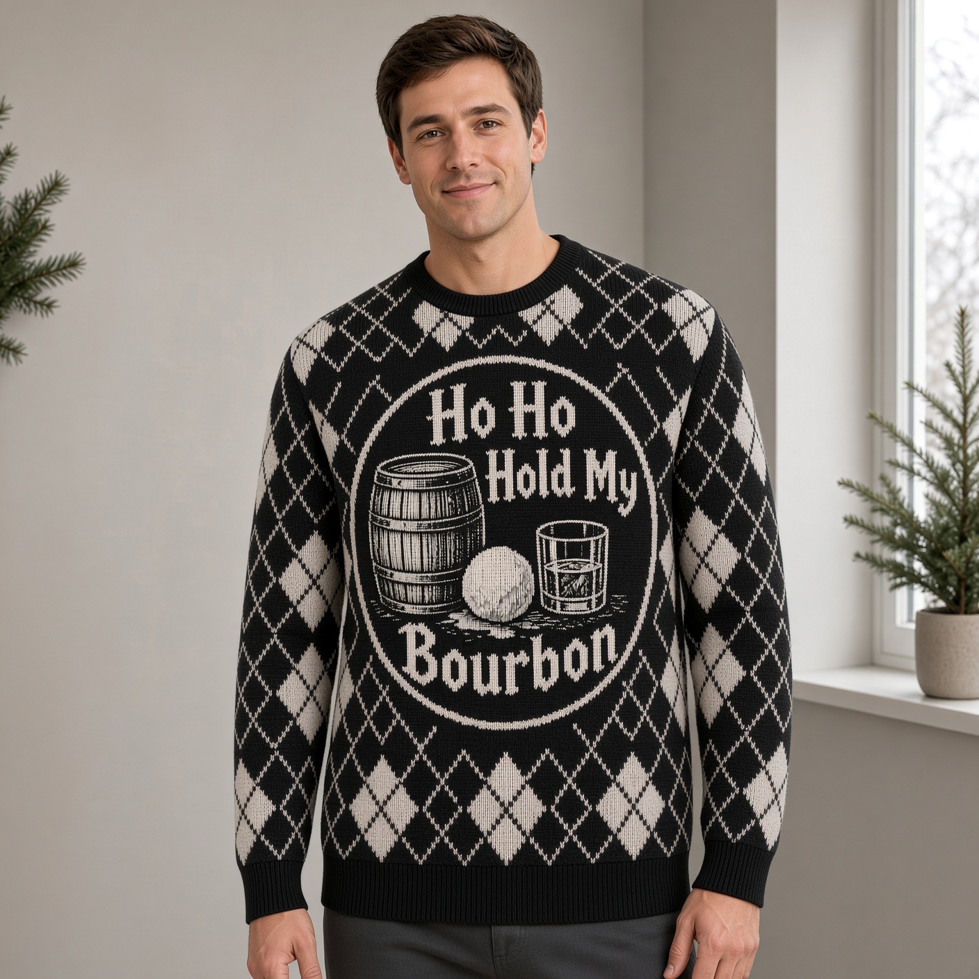 [popular-sweater:PX-01-10:male] Ho Ho Hold My Bourbon Ugly Christmas Sweatshirt - Male view