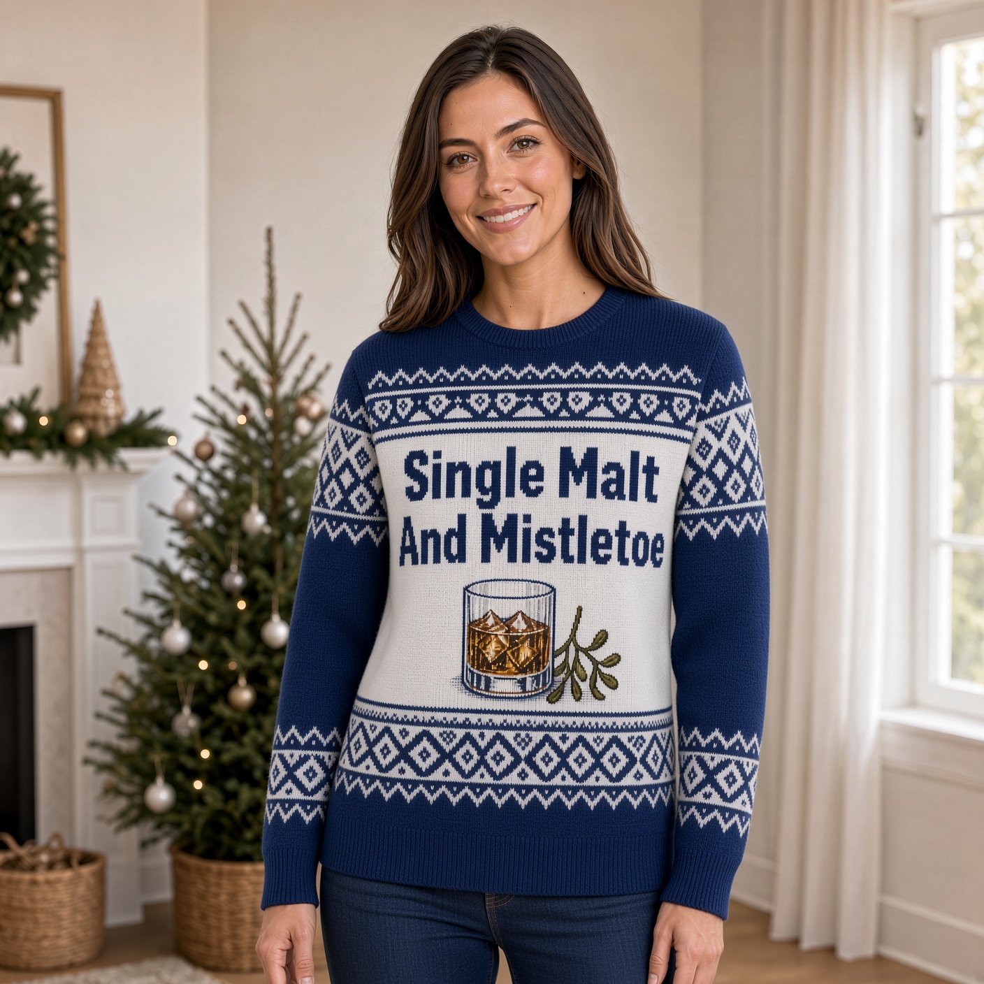 [popular-sweater:PX-01-11:female] Single Malt And Mistletoe Ugly Christmas Sweatshirt - Female view