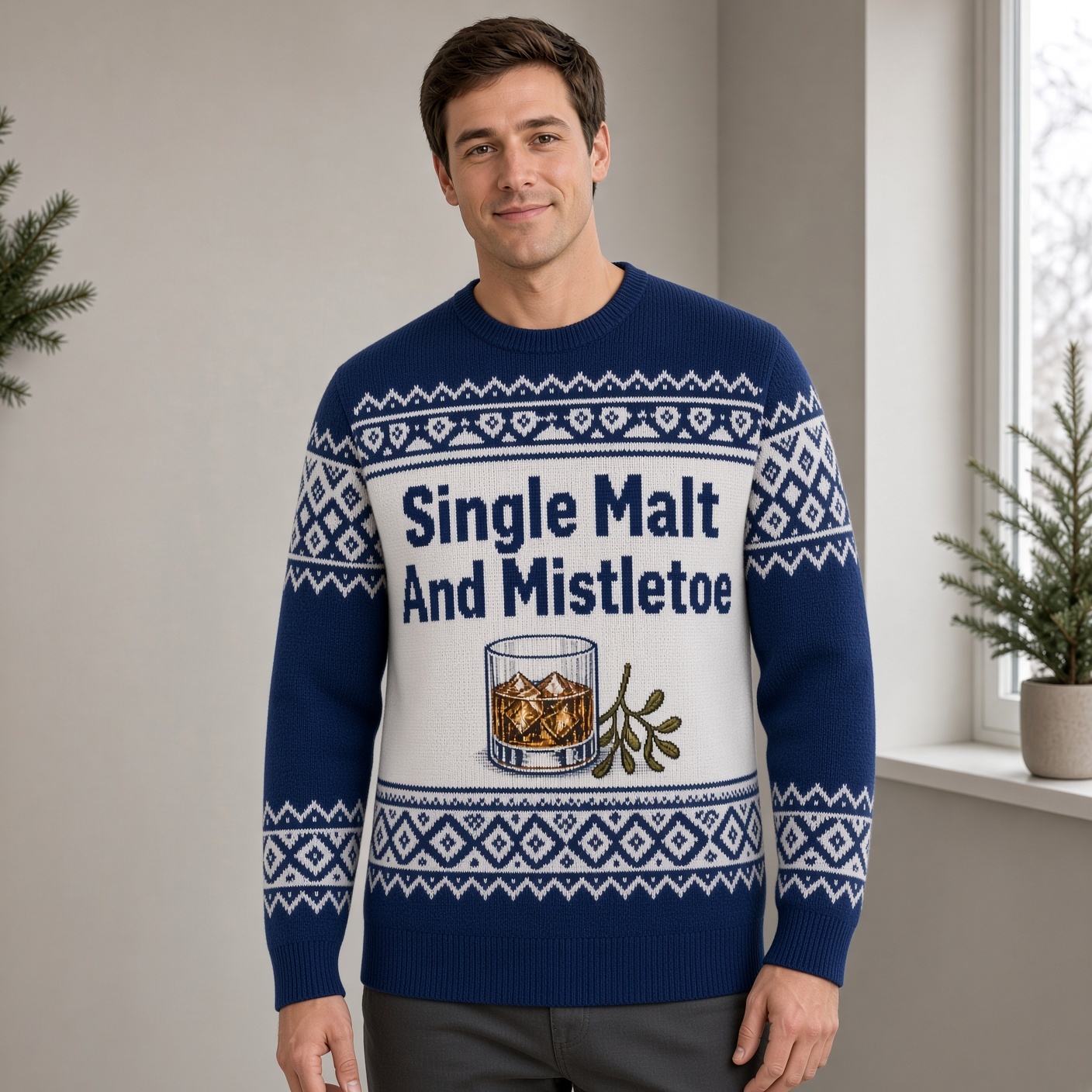 [popular-sweater:PX-01-11:male] Single Malt And Mistletoe Ugly Christmas Sweatshirt - Male view
