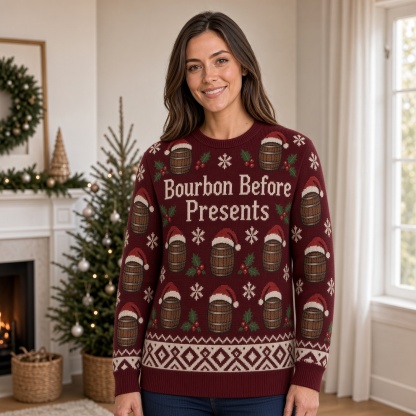 [popular-sweater:PX-01-12:female] Bourbon Before Presents Ugly Christmas Sweatshirt - Female view