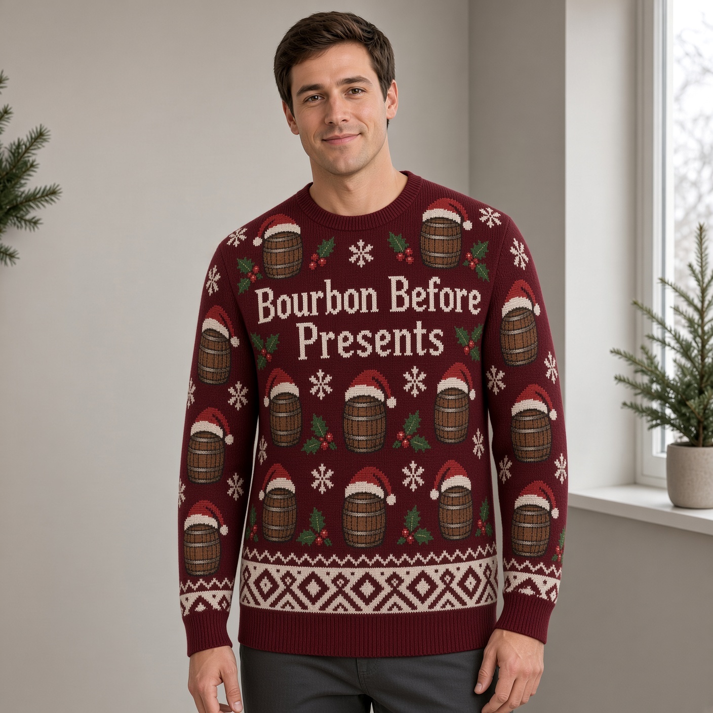 [popular-sweater:PX-01-12:male] Bourbon Before Presents Ugly Christmas Sweatshirt - Male view