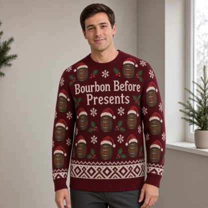 [popular-sweater:PX-01-12:male] Bourbon Before Presents Ugly Christmas Sweatshirt - Male view