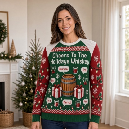 [popular-sweater:PX-01-13:female] Cheers To The Holidays Whiskey Ugly Christmas Sweatshirt - Female view