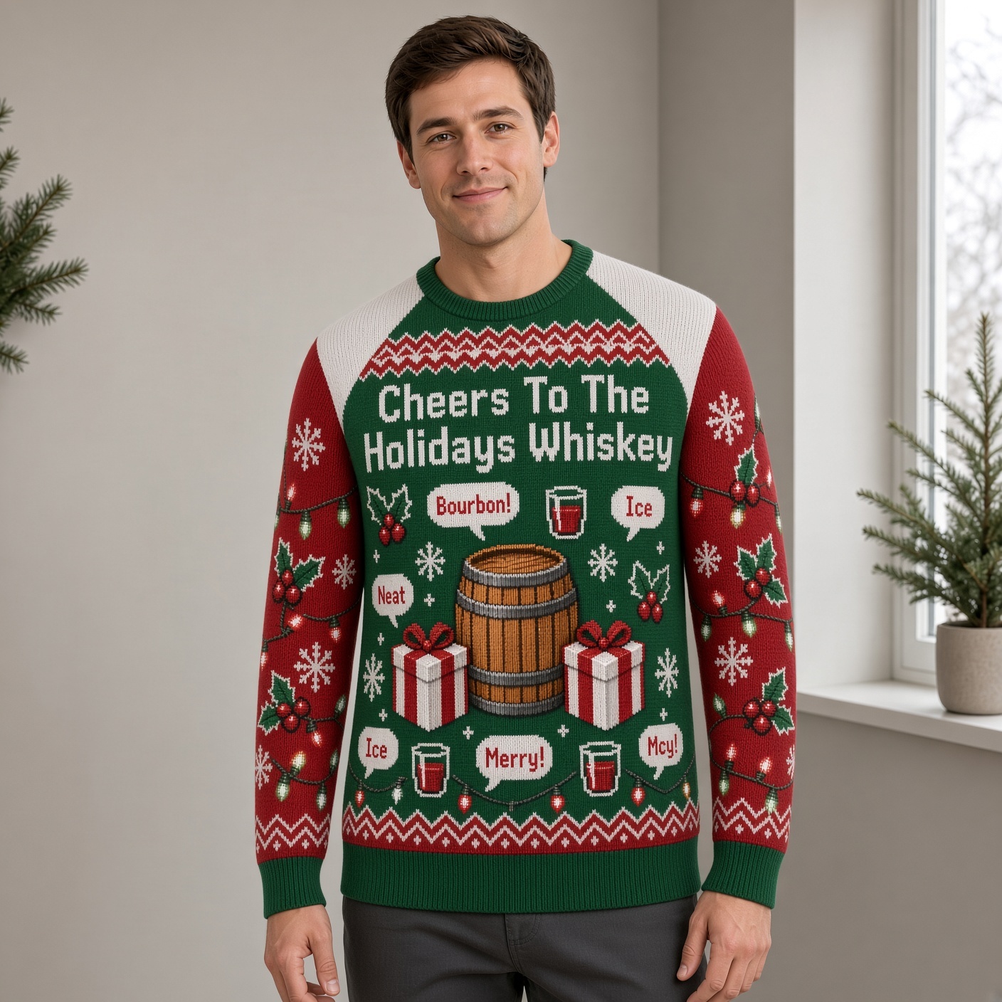 [popular-sweater:PX-01-13:male] Cheers To The Holidays Whiskey Ugly Christmas Sweatshirt - Male view
