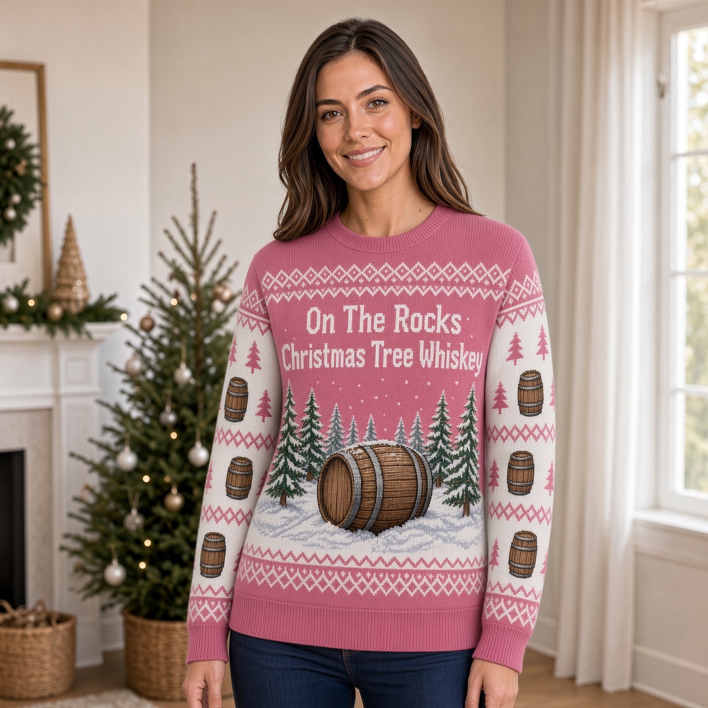 [popular-sweater:PX-01-14:female] On The Rocks Christmas Tree Whiskey Ugly Christmas Sweatshirt - Female view