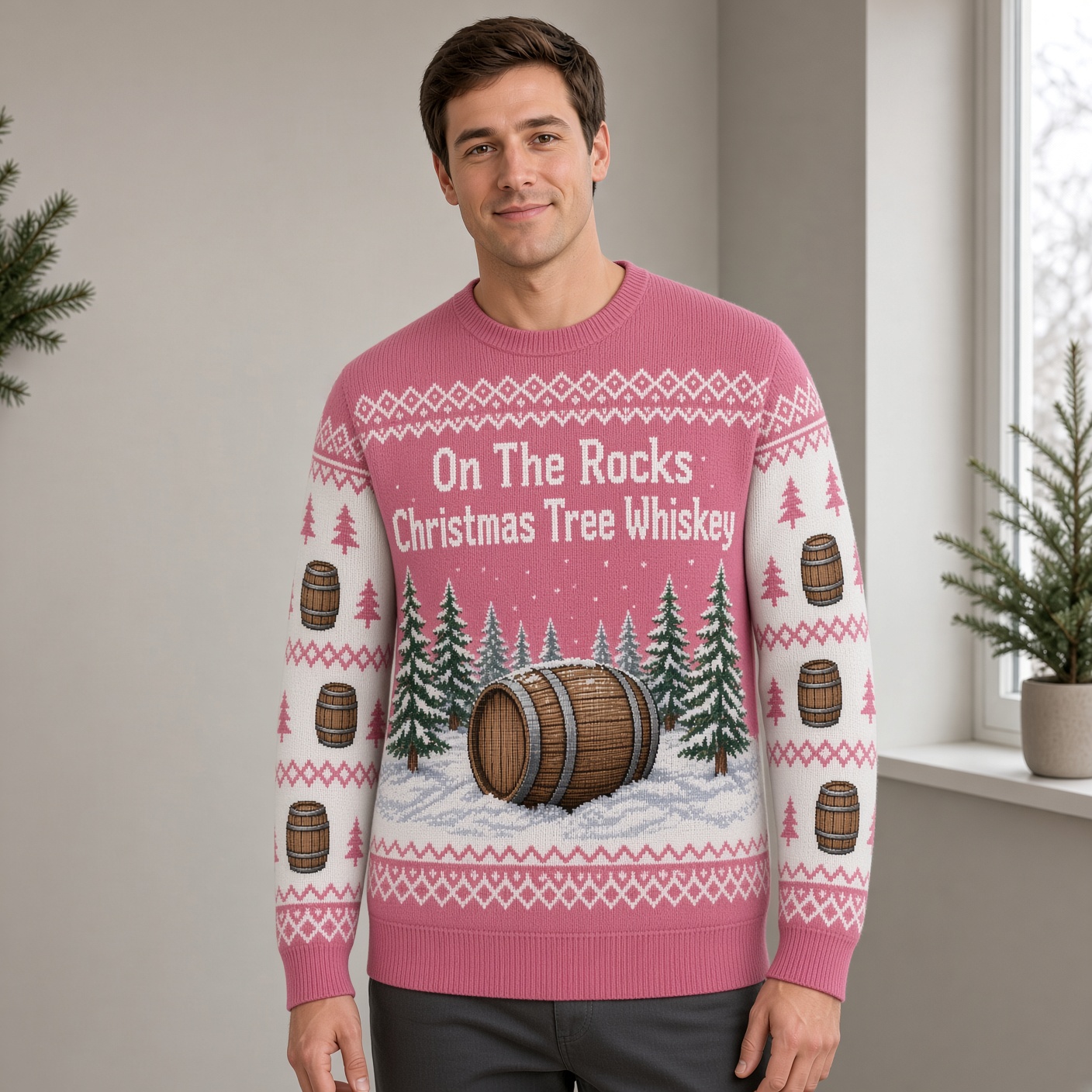 [popular-sweater:PX-01-14:male] On The Rocks Christmas Tree Whiskey Ugly Christmas Sweatshirt - Male view