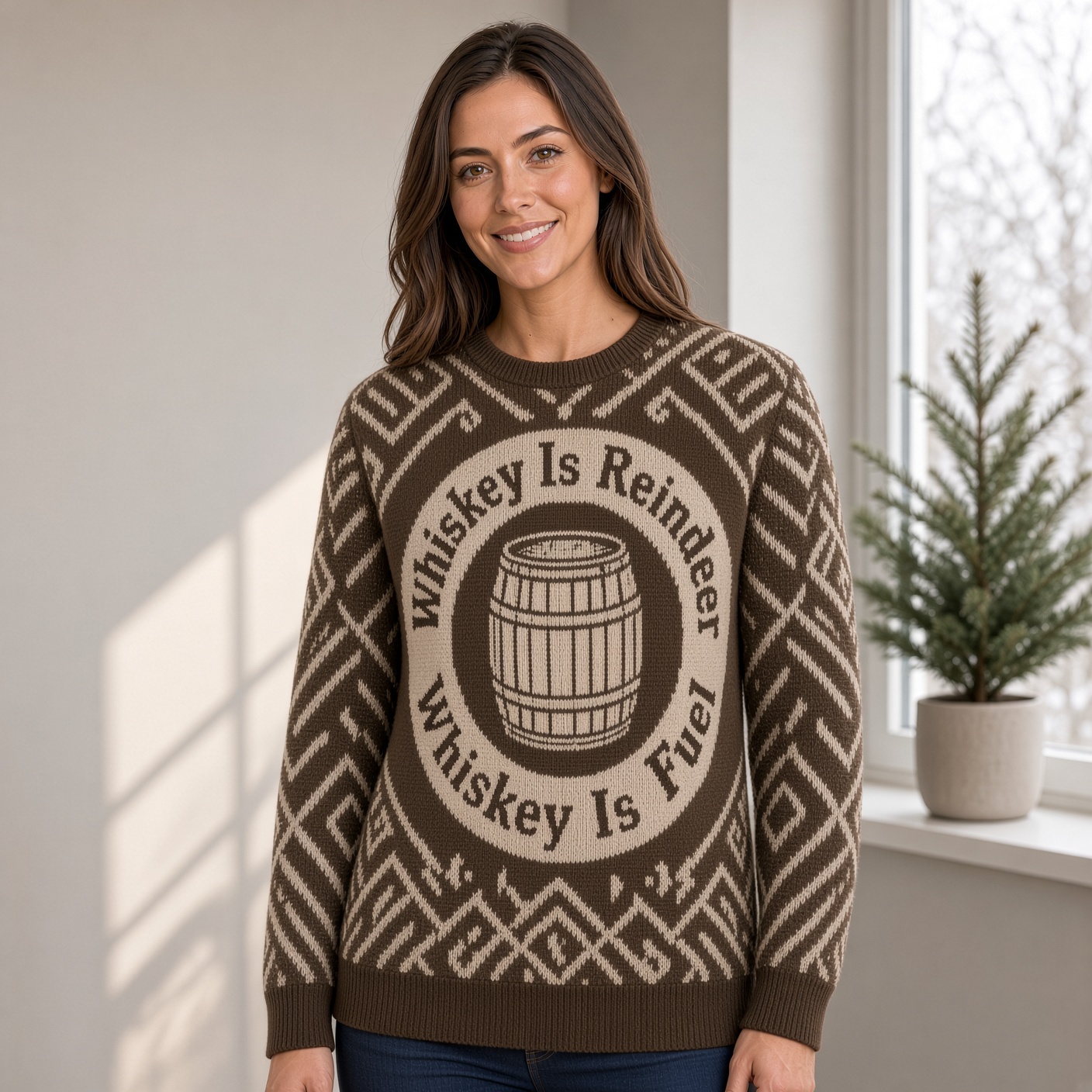 [popular-sweater:PX-01-15:female] Whiskey Is Reindeer Fuel Ugly Christmas Sweatshirt - Female view