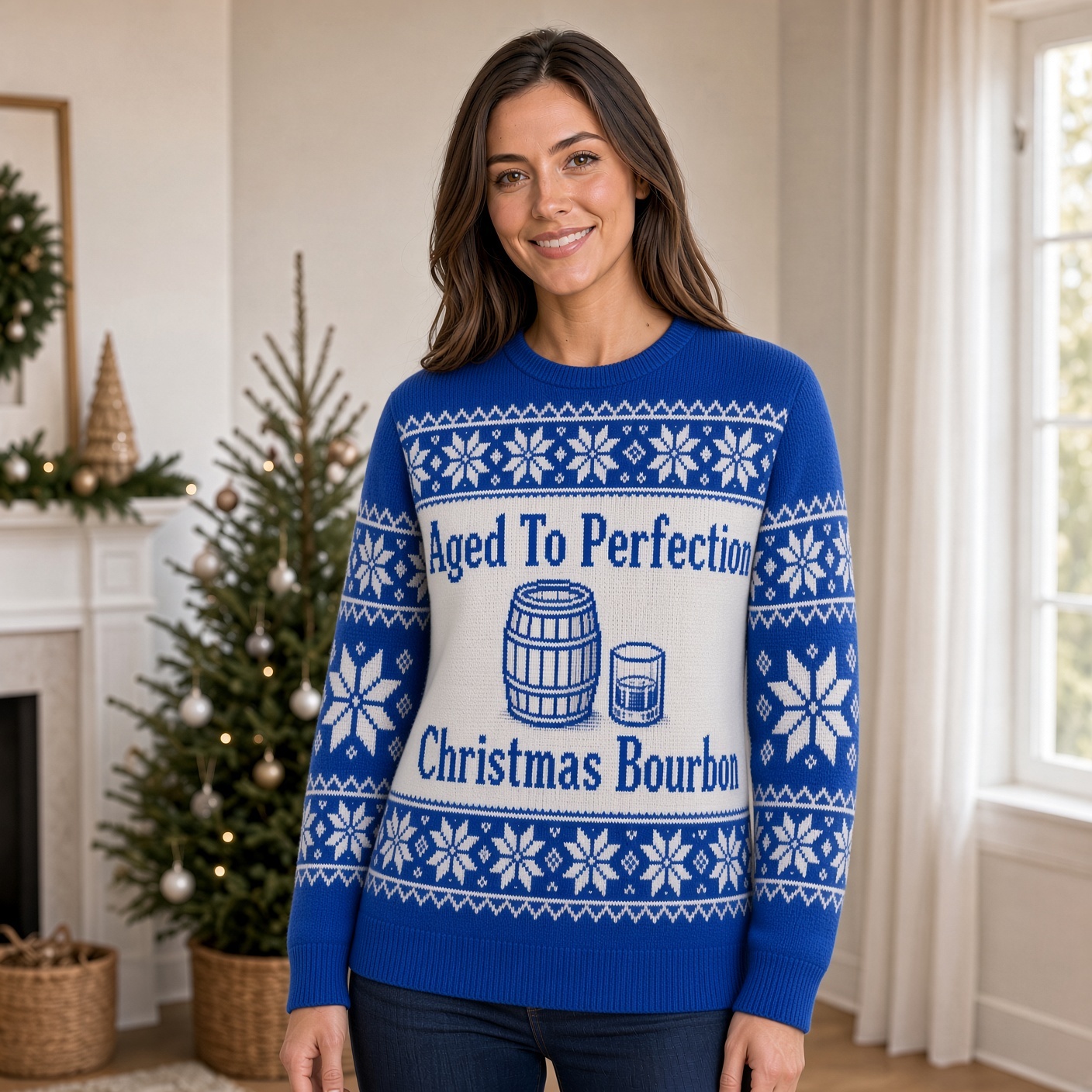 [popular-sweater:PX-01-16:female] Aged To Perfection Christmas Bourbon Ugly Christmas Sweatshirt - Female view