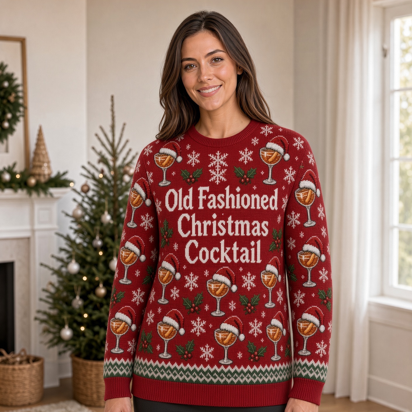 [popular-sweater:PX-01-17:female] Old Fashioned Christmas Cocktail Ugly Christmas Sweatshirt - Female view