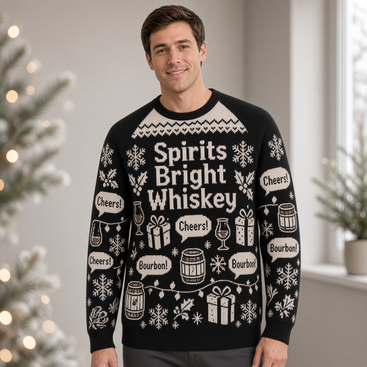 [popular-sweater:PX-01-18:male] Spirits Bright Whiskey Ugly Christmas Sweatshirt - Male view