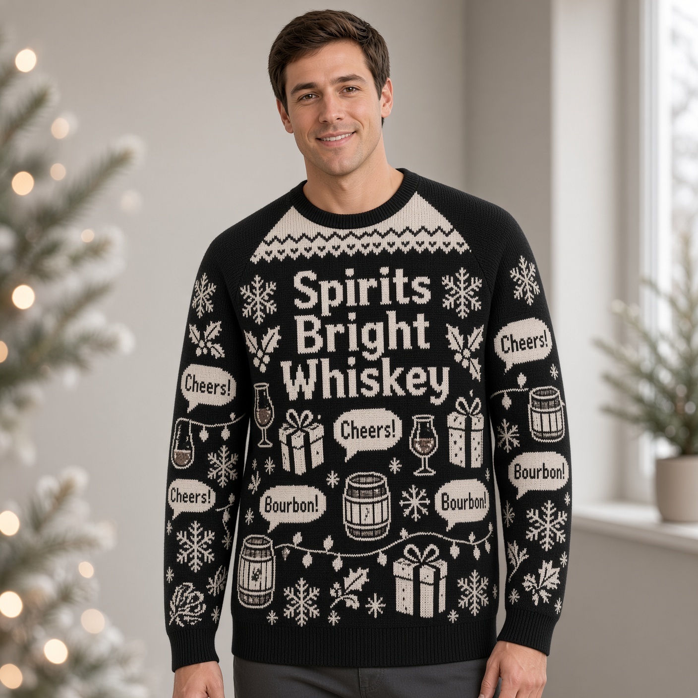[popular-sweater:PX-01-18:male] Spirits Bright Whiskey Ugly Christmas Sweatshirt - Male view