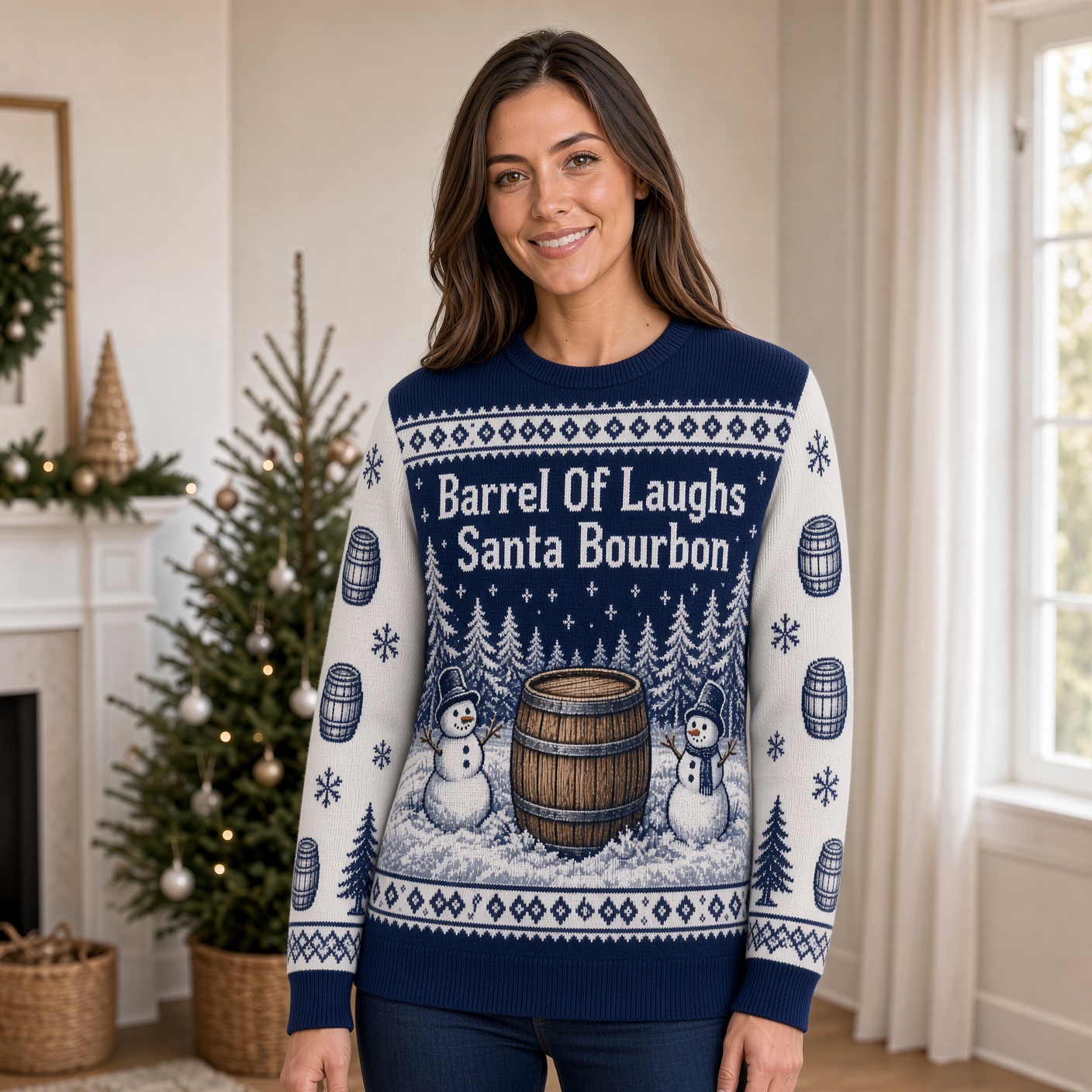 [popular-sweater:PX-01-19:female] Barrel Of Laughs Santa Bourbon Ugly Christmas Sweatshirt - Female view
