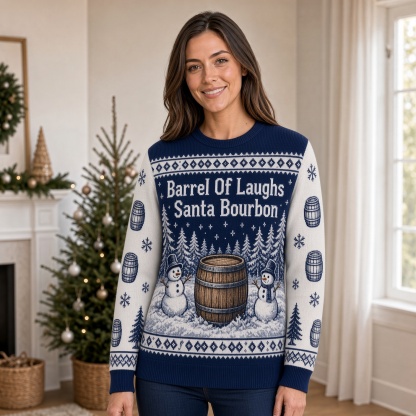 [popular-sweater:PX-01-19:female] Barrel Of Laughs Santa Bourbon Ugly Christmas Sweatshirt - Female view