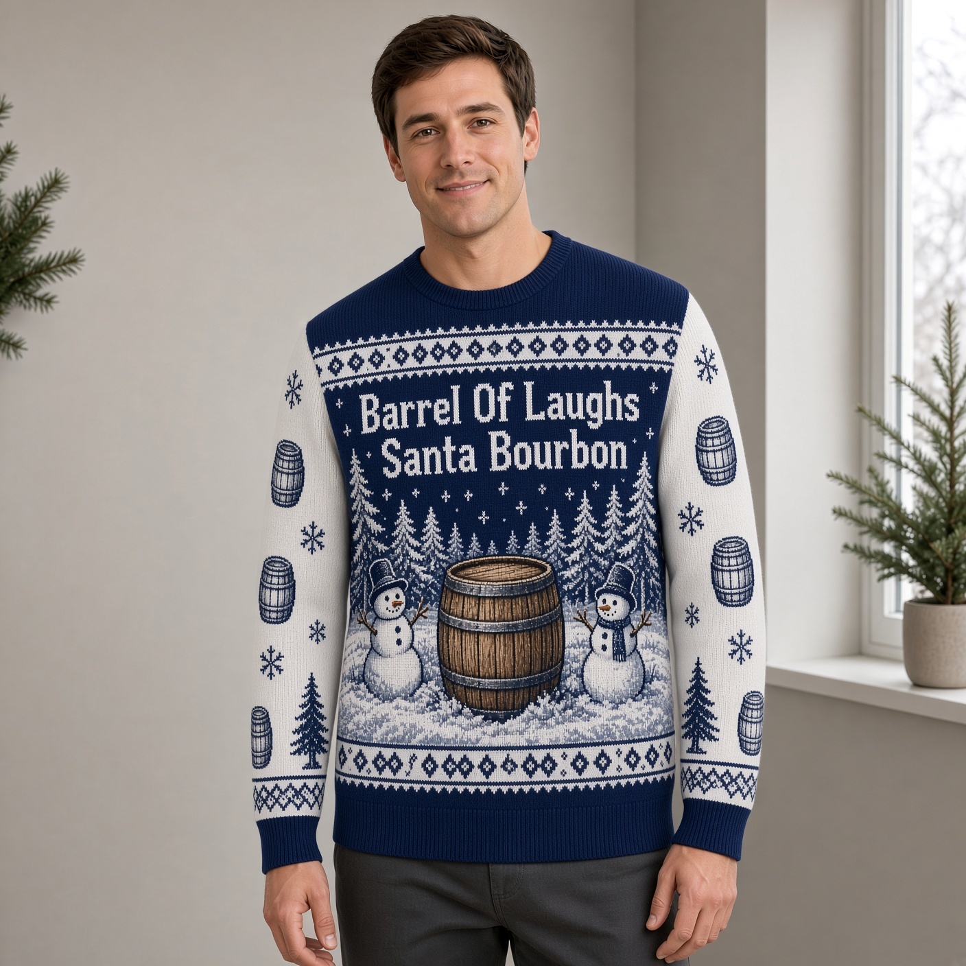[popular-sweater:PX-01-19:male] Barrel Of Laughs Santa Bourbon Ugly Christmas Sweatshirt - Male view