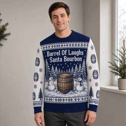 [popular-sweater:PX-01-19:male] Barrel Of Laughs Santa Bourbon Ugly Christmas Sweatshirt - Male view