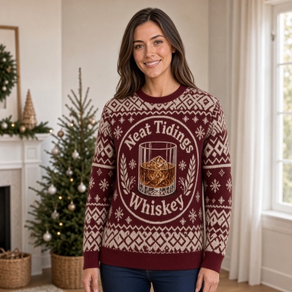 [popular-sweater:PX-01-20:female] Neat Tidings Whiskey Ugly Christmas Sweatshirt - Female view