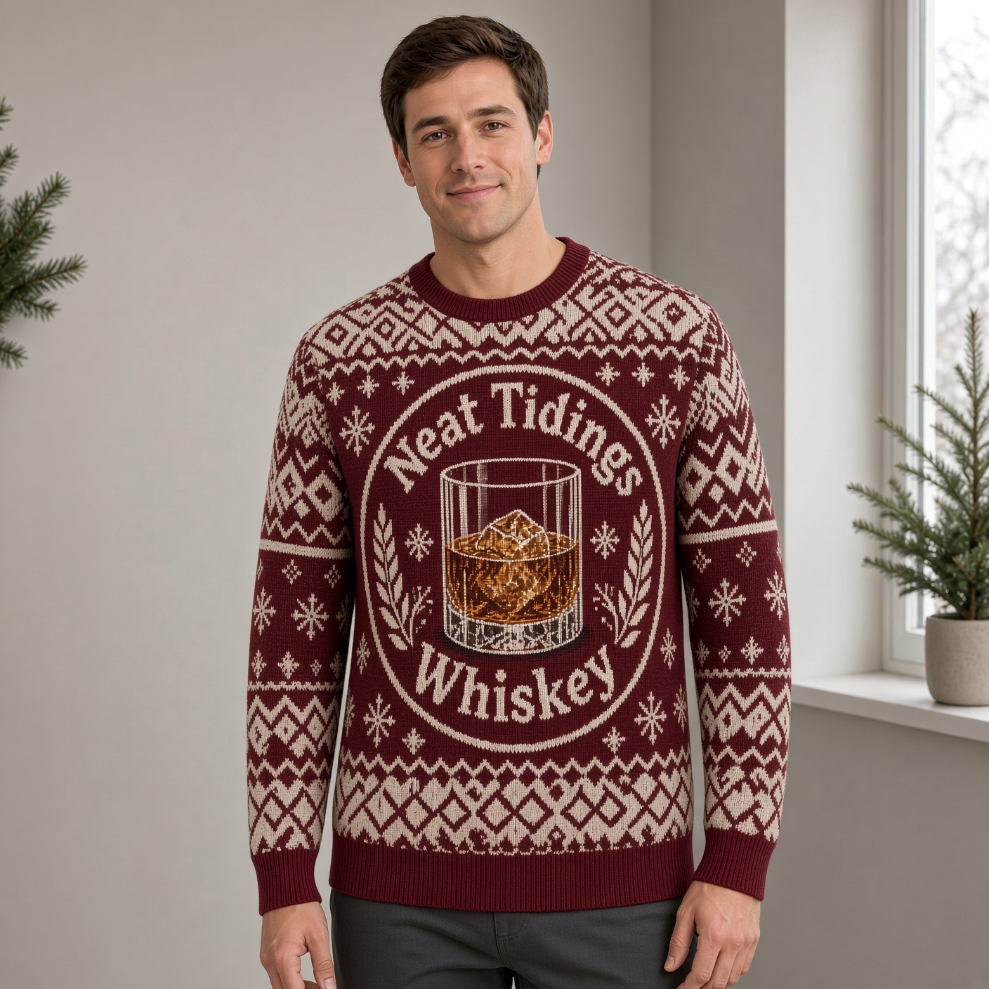 [popular-sweater:PX-01-20:male] Neat Tidings Whiskey Ugly Christmas Sweatshirt - Male view