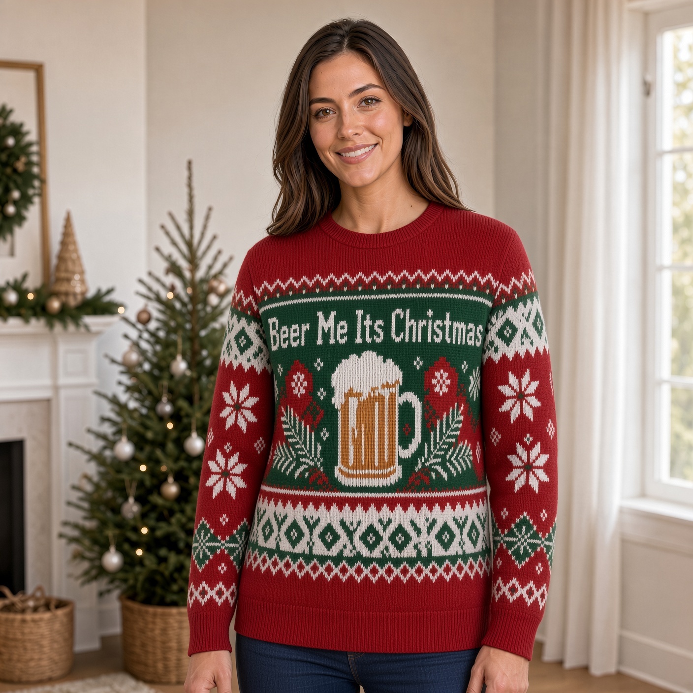 [popular-sweater:PX-02-01:female] Beer Me Its Christmas Ugly Christmas Sweatshirt - Female view