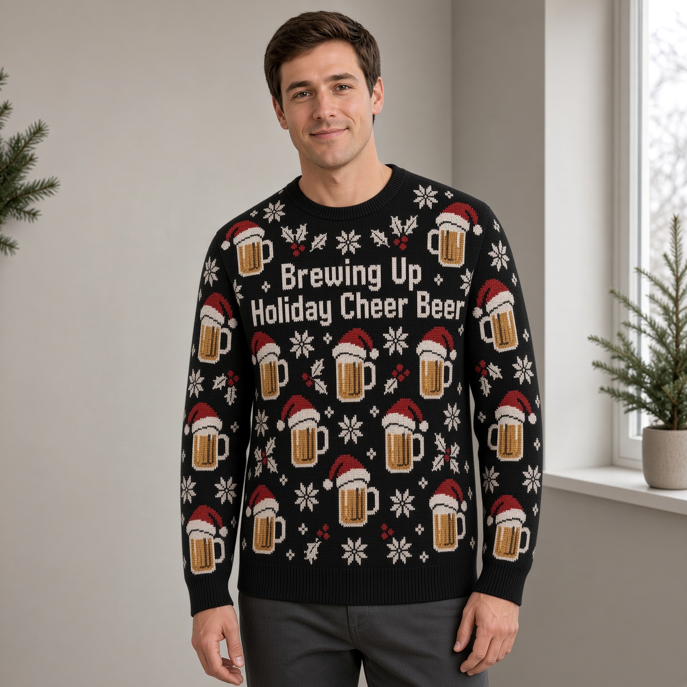 [popular-sweater:PX-02-02:male] Brewing Up Holiday Cheer Beer Ugly Christmas Sweatshirt - Male view