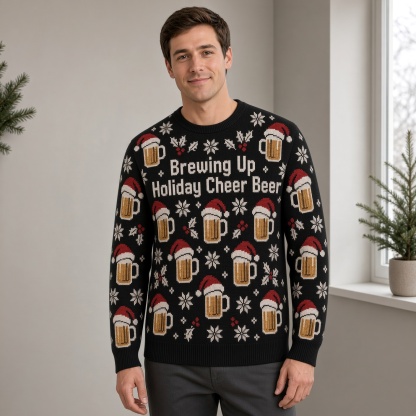 [popular-sweater:PX-02-02:male] Brewing Up Holiday Cheer Beer Ugly Christmas Sweatshirt - Male view