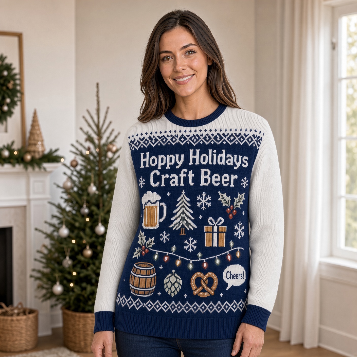 [popular-sweater:PX-02-03:female] Hoppy Holidays Craft Beer Ugly Christmas Sweatshirt - Female view