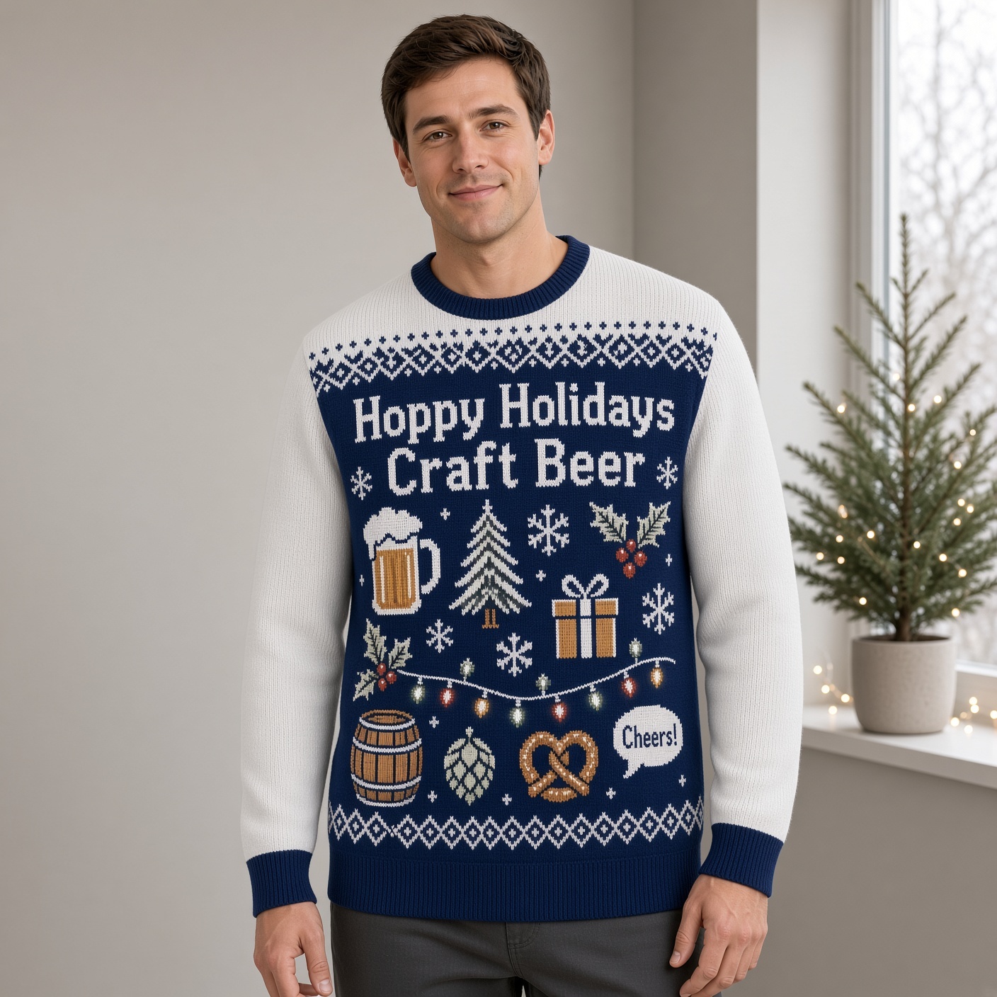 [popular-sweater:PX-02-03:male] Hoppy Holidays Craft Beer Ugly Christmas Sweatshirt - Male view