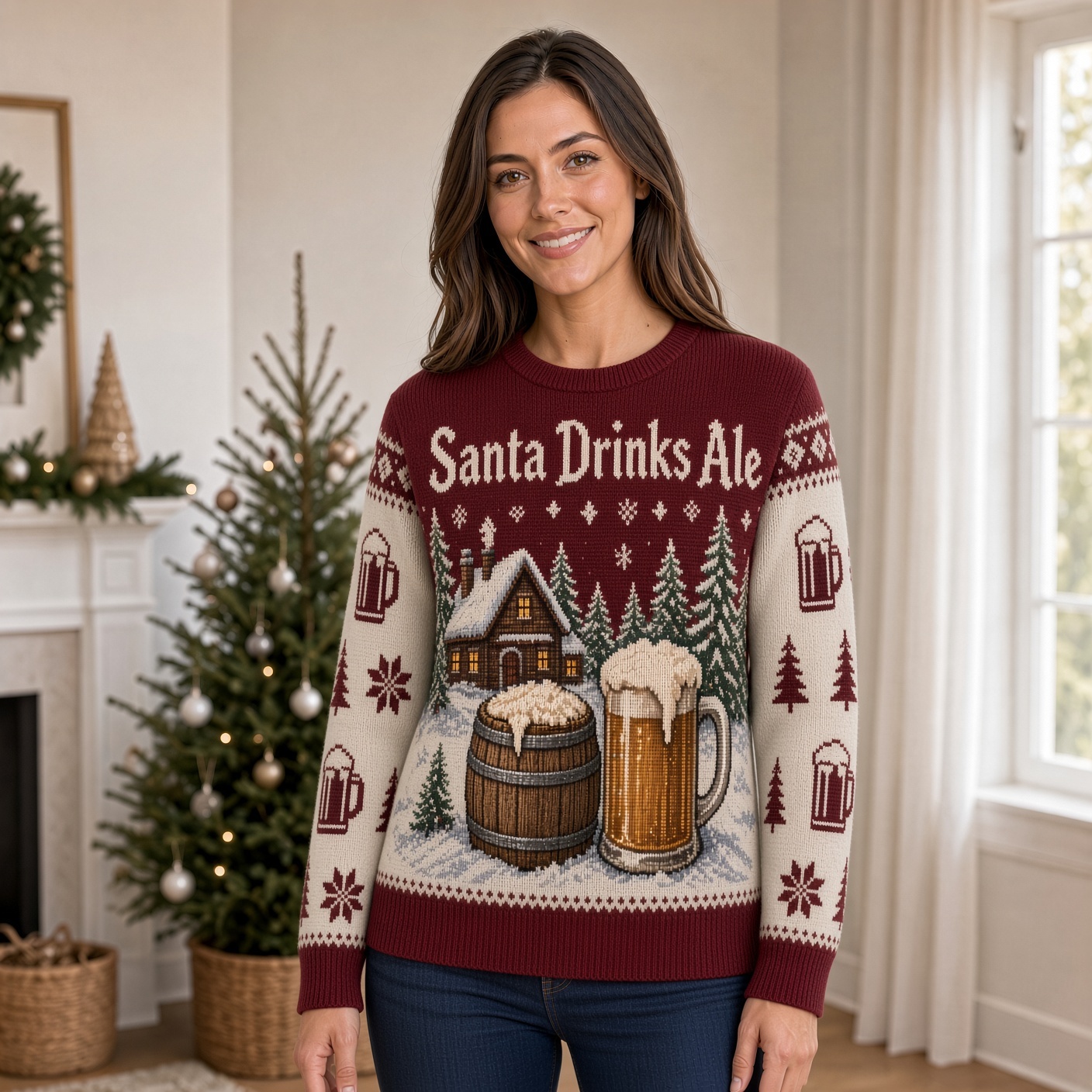 [popular-sweater:PX-02-04:female] Santa Drinks Ale Ugly Christmas Sweatshirt - Female view