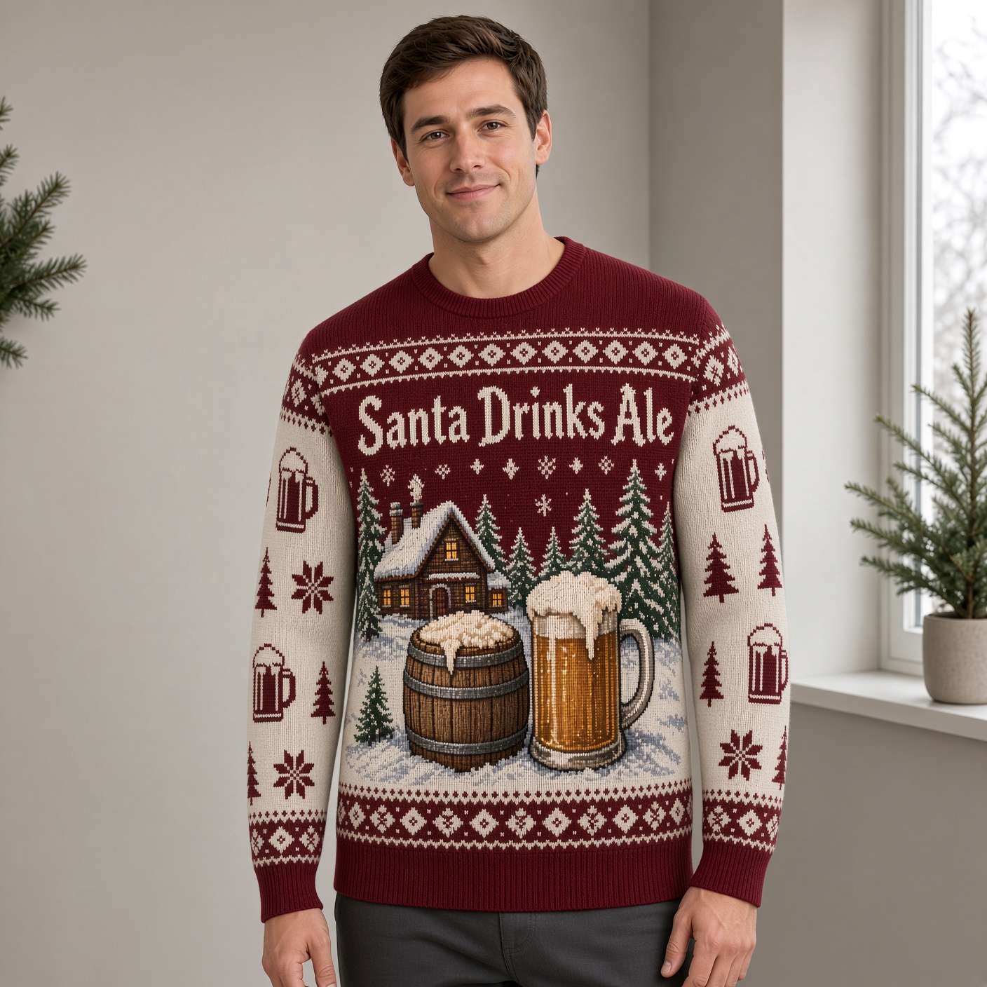 [popular-sweater:PX-02-04:male] Santa Drinks Ale Ugly Christmas Sweatshirt - Male view