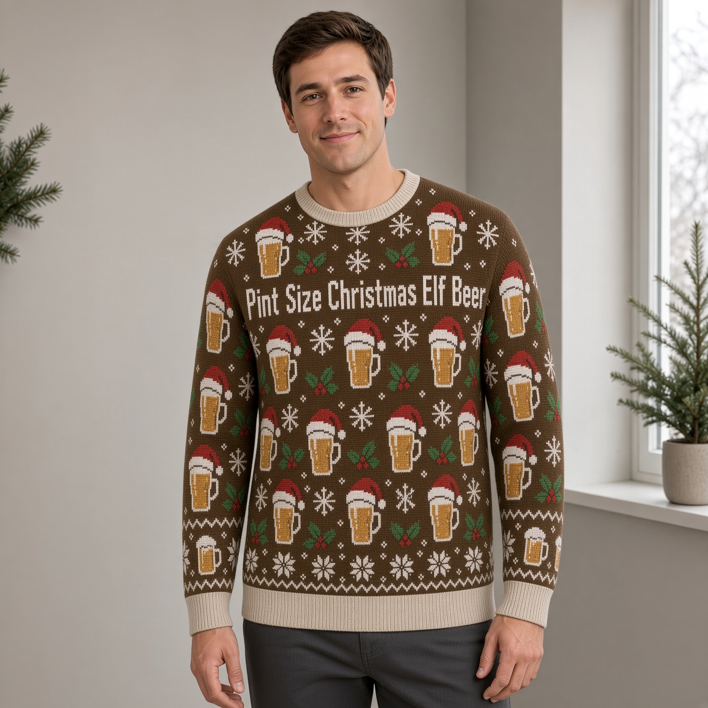 [popular-sweater:PX-02-07:male] Pint Size Christmas Elf Beer Ugly Christmas Sweatshirt - Male view