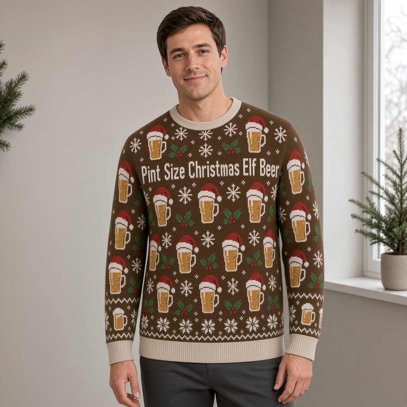 [popular-sweater:PX-02-07:male] Pint Size Christmas Elf Beer Ugly Christmas Sweatshirt - Male view