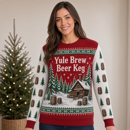 [popular-sweater:PX-02-09:female] Yule Brew Beer Keg Ugly Christmas Sweatshirt - Female view