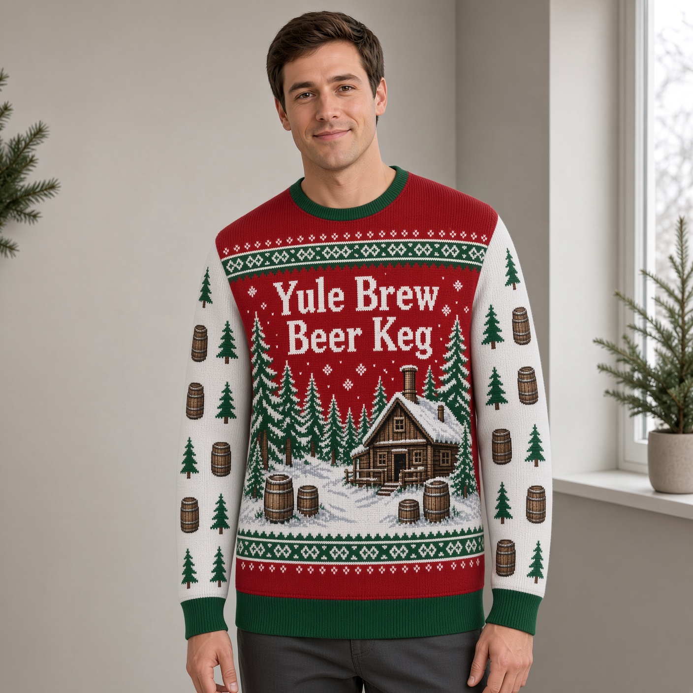 [popular-sweater:PX-02-09:male] Yule Brew Beer Keg Ugly Christmas Sweatshirt - Male view