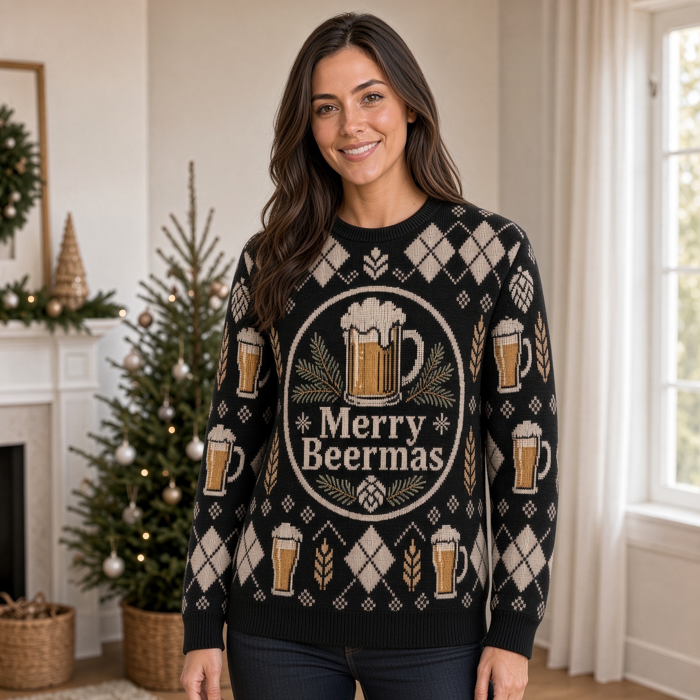 [popular-sweater:PX-02-10:female] Merry Beermas Ugly Christmas Sweatshirt - Female view