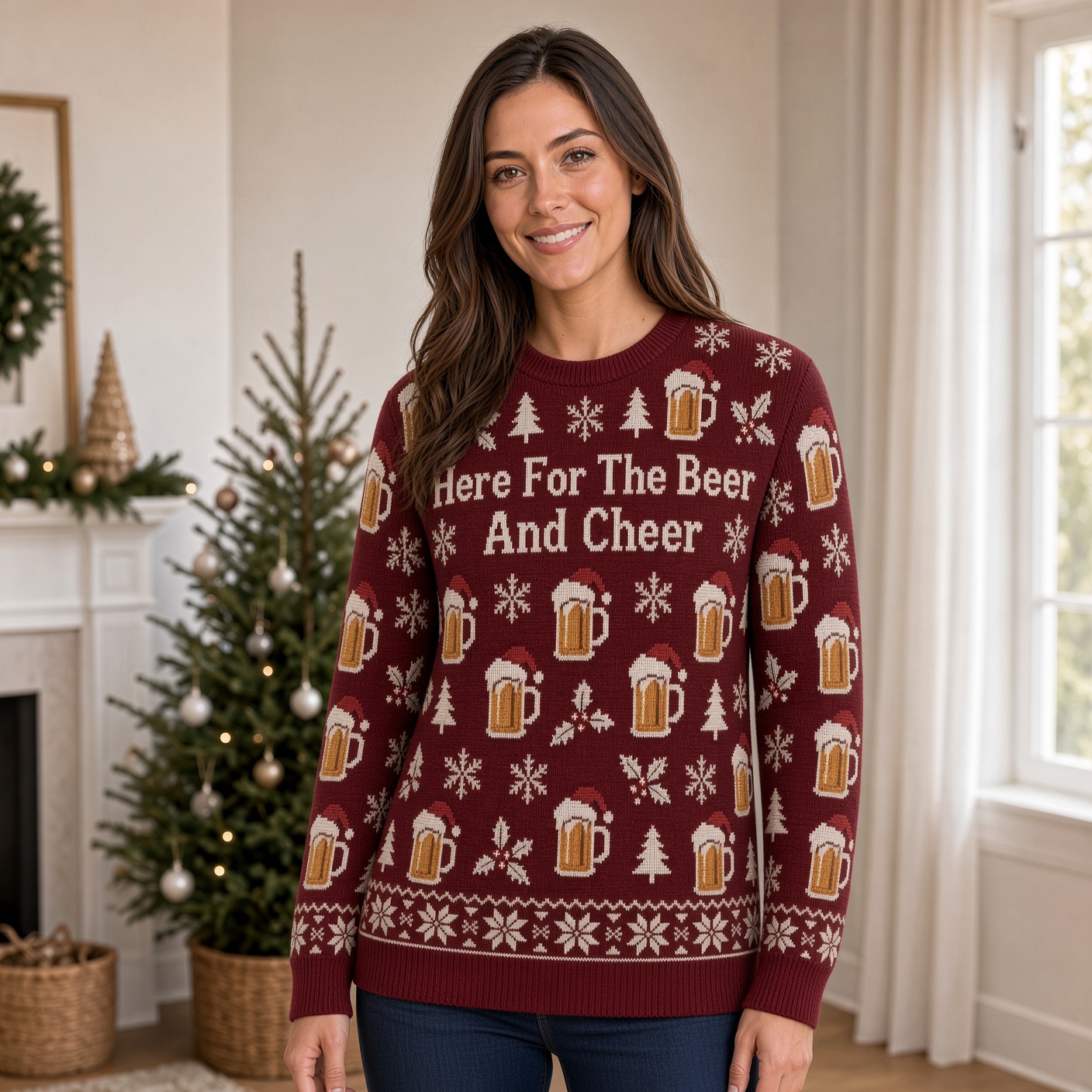 [popular-sweater:PX-02-12:female] Here For The Beer And Cheer Ugly Christmas Sweatshirt - Female view