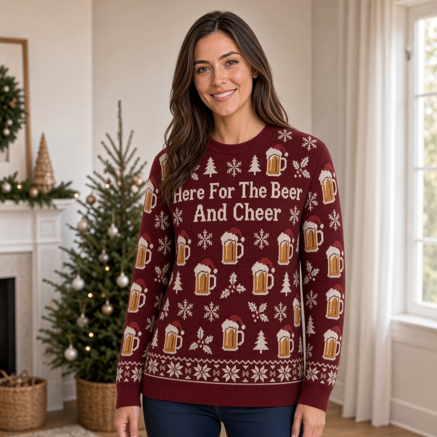 [popular-sweater:PX-02-12:female] Here For The Beer And Cheer Ugly Christmas Sweatshirt - Female view