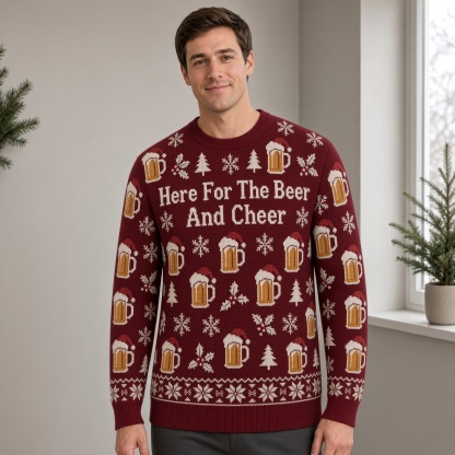 [popular-sweater:PX-02-12:male] Here For The Beer And Cheer Ugly Christmas Sweatshirt - Male view