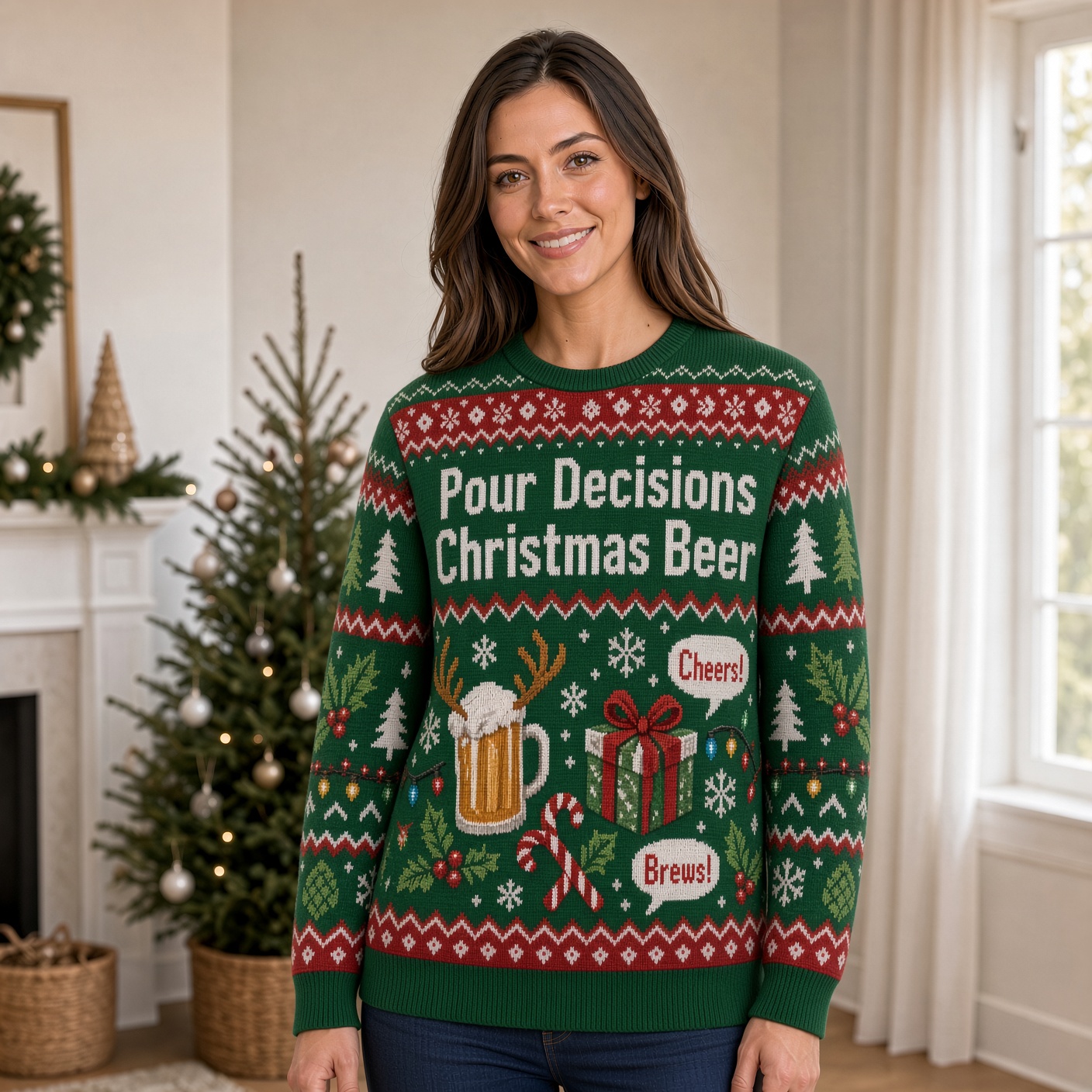 [popular-sweater:PX-02-13:female] Pour Decisions Christmas Beer Ugly Christmas Sweatshirt - Female view
