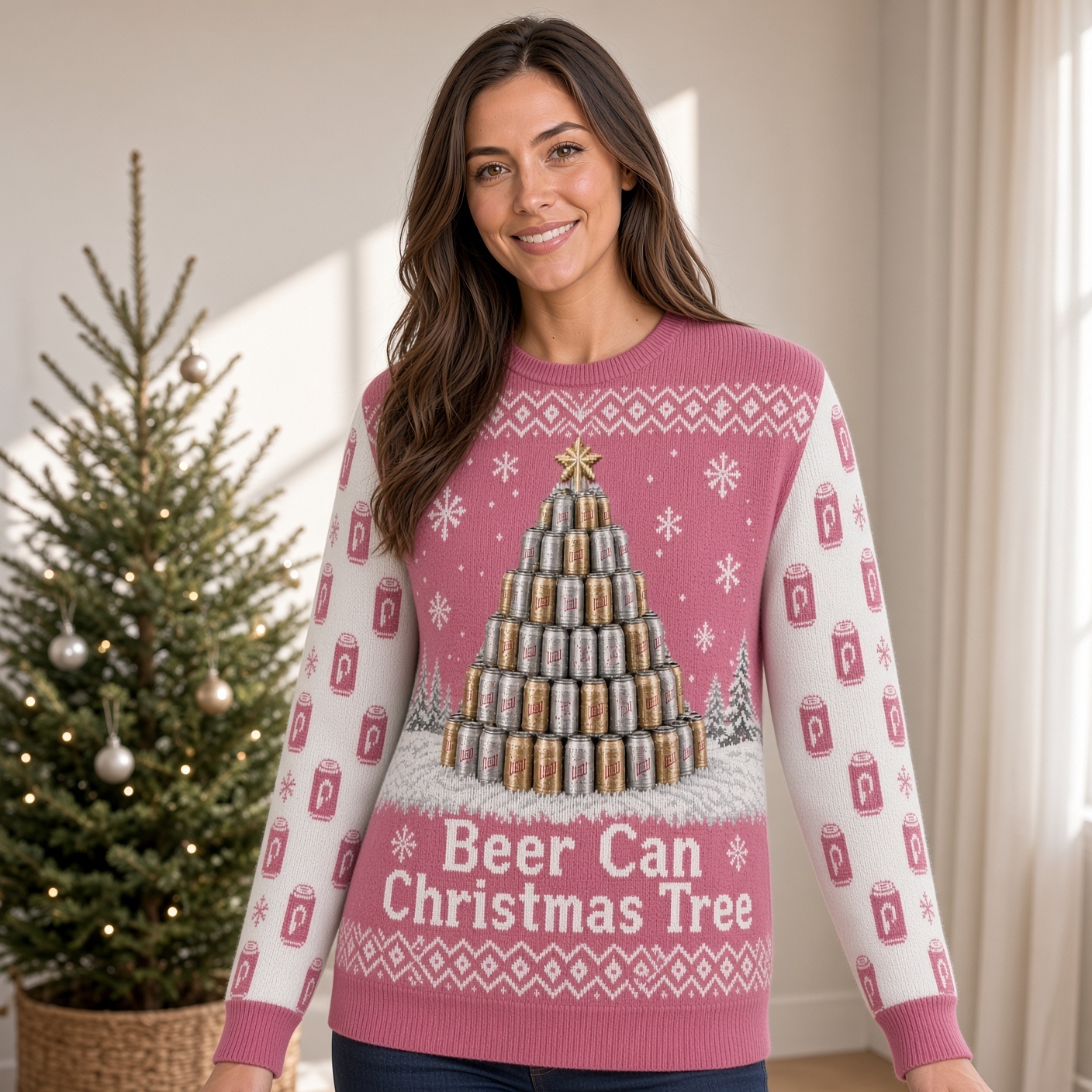 [popular-sweater:PX-02-14:female] Beer Can Christmas Tree Ugly Christmas Sweatshirt - Female view